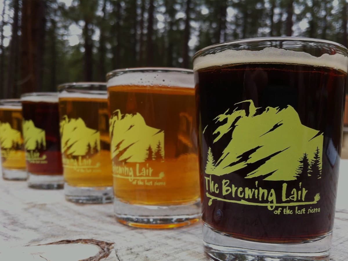 A flight of Brewing Lair ales in branded glasses on a log in the forest at their Blairsden taproom