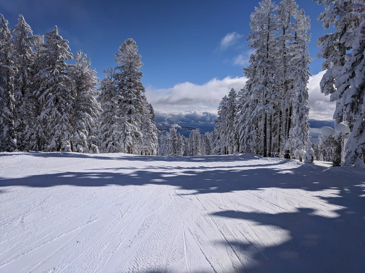 Groomed run at Northstar California Resort with snow-laden pines and Lake Tahoe in the distance