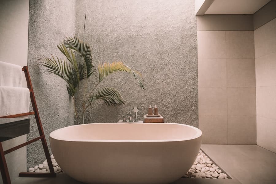 Spa-style soaking tub with luxury finishes